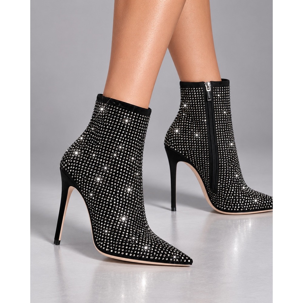 SCHUTZ Black Crystal Rhinestone Stiletto Ankle Boots Pointed Toe Size 8 NWOT
